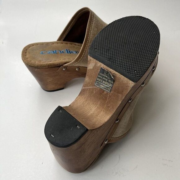 Vintage Y2K Candie’s Suede Leather Wood Clogs Mule Beige Platform Hippie Boho 6 - Picture 7 of 8
